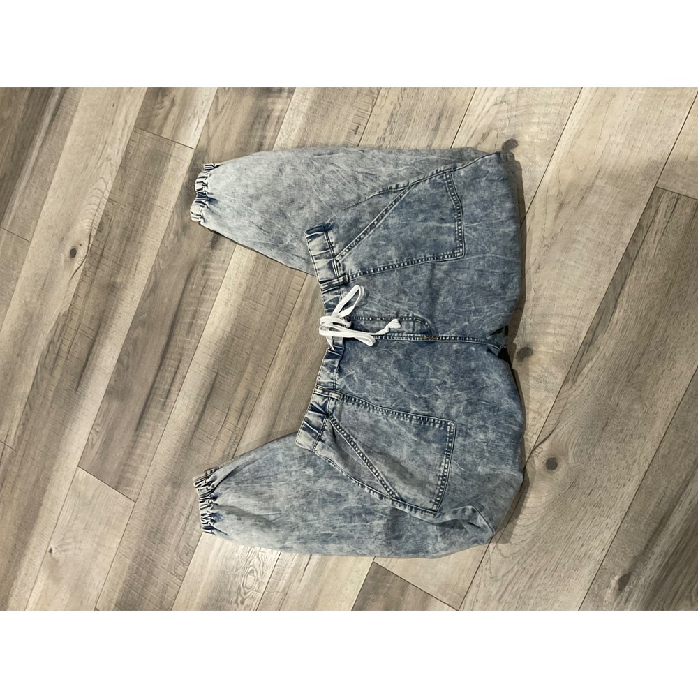 SONG Womens Acid Wash Denim Joggers Blue High Rise Elastic Waist Size‎ 15/32